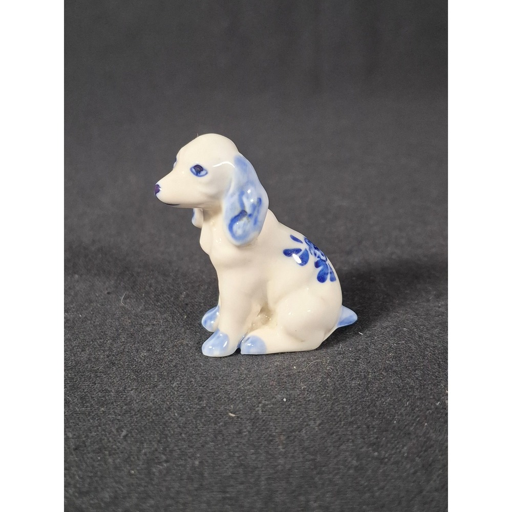 Miniature Porcelain Dog Figurine Blue and White Floral Glazed Puppy 1.5 Inch
